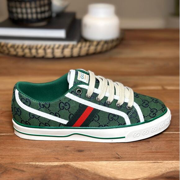 GUCCI NEW Women's US Size 10 Tennis 1977 GG Logo Green Canvas Low-Top Sneakers - Picture 4 of 12